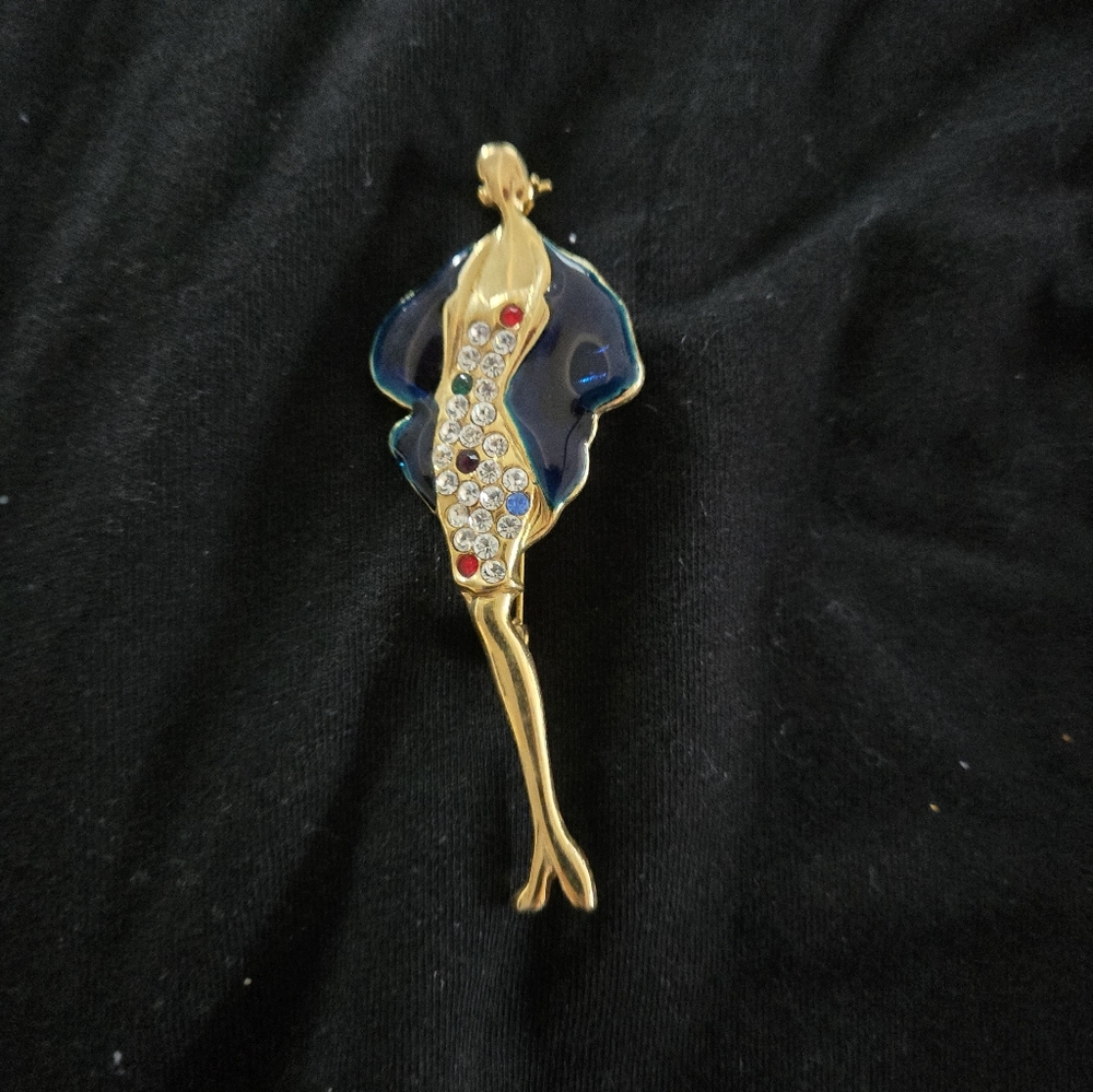 Gold and Blue Crystal Lady Brooch - Women's Fashion Jewelry